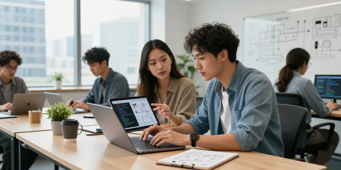Team collaborating in a tech workspace showcasing telegram官网 features with laptops and design tools.
