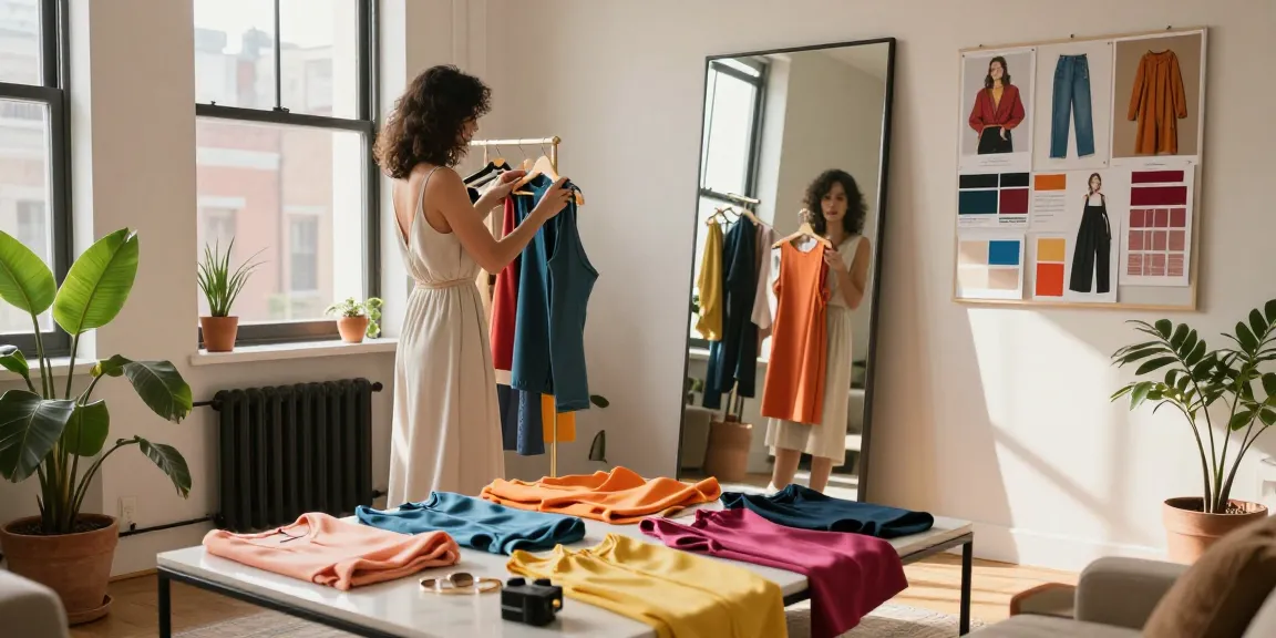 Una consulente di moda crea un guardaroba capsula, mescolando capi alla moda in un appartamento moderno.