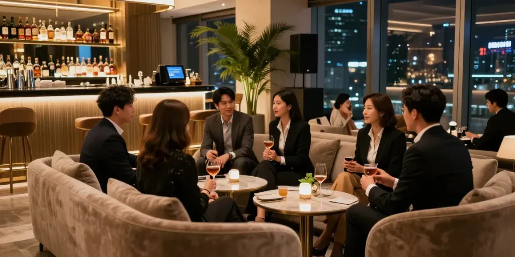 강남타이밍 고급 유흥업소의 세련된 실내 모습, 고객들이 대화하며 음료를 즐기는 장면