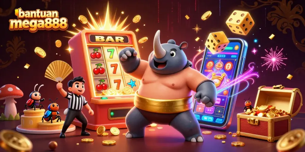 bantuan mega888 showcases a thrilling cartoon casino scene with vibrant characters and dynamic slot elements.