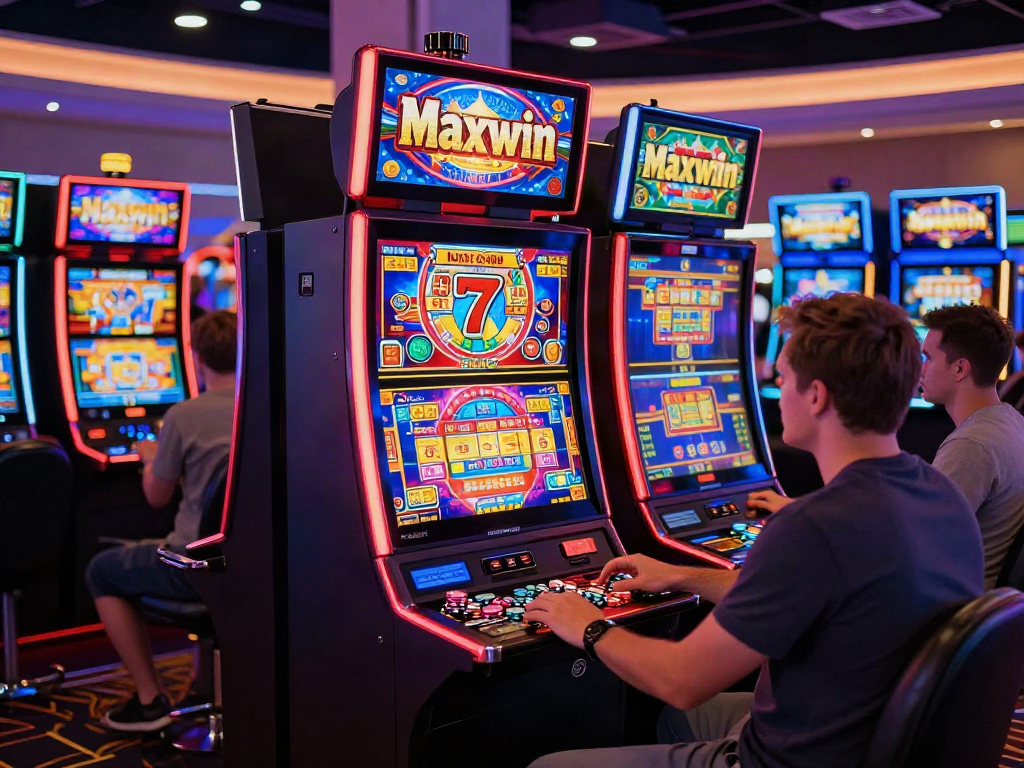 Slot777 mesin permainan kasino yang ramai, penuh warna dan lampu menarik.