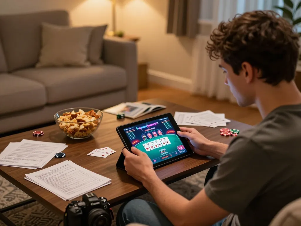 Player enjoying a poker game on 98win tablet in cozy home setting, embodying strategic online gambling.