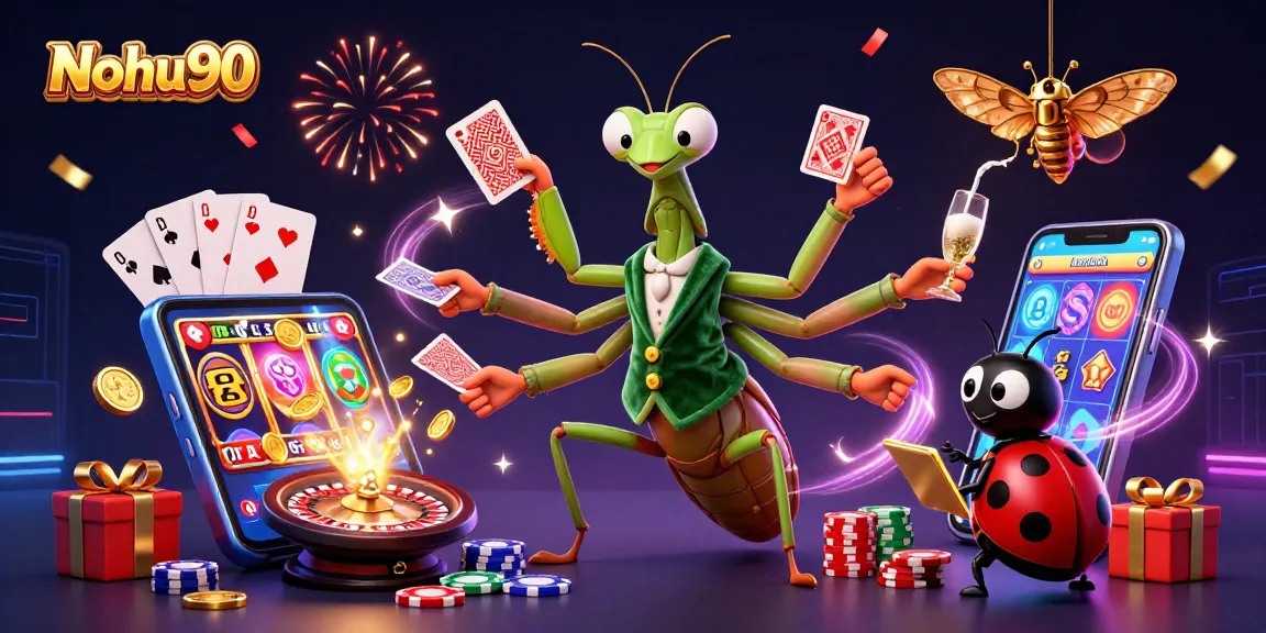 Nohu90 showcases an energetic gambling scene with a 3D mantis and ladybug amid vibrant slots and casino elements.