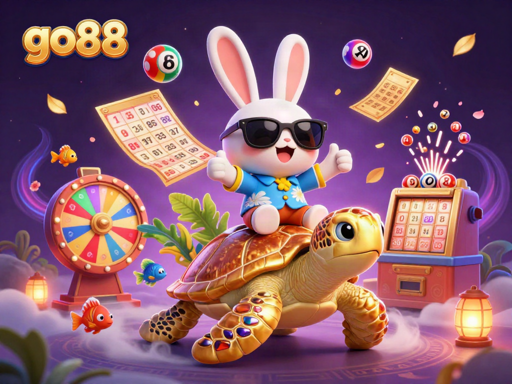 Engage with go88's vibrant gambling world, featuring a lucky rabbit on a sea turtle amidst colorful casino elements.