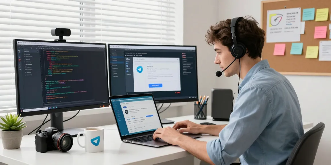 Creating apps with telegram官网, showcasing a modern tech workspace with coding and innovation elements.