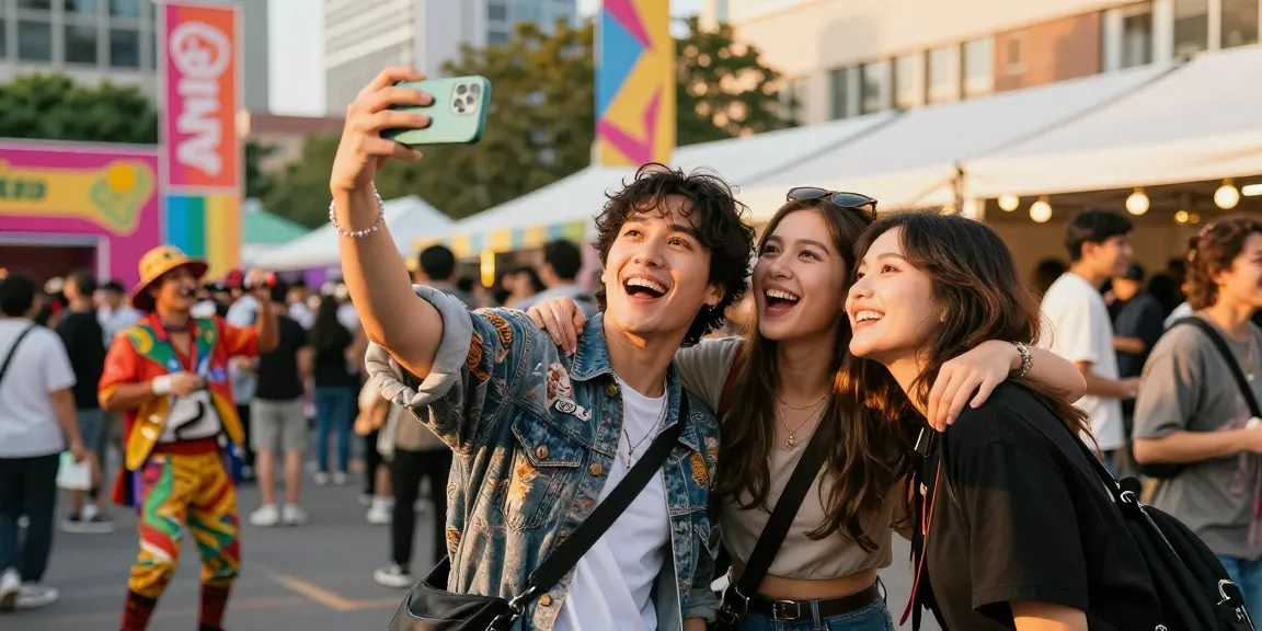Person enjoying a festival, exploring look alikes of famous people while taking selfies with friends.