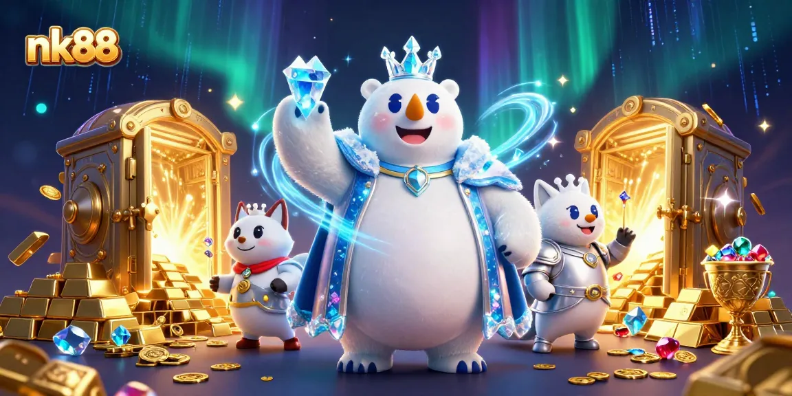 Engage with nk88 in a vibrant casino world featuring a polar bear king and his fox companion.