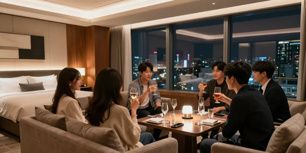 강남 구구단의 고급스러운 독립 룸에서 즐거운 시간을 보내는 모습