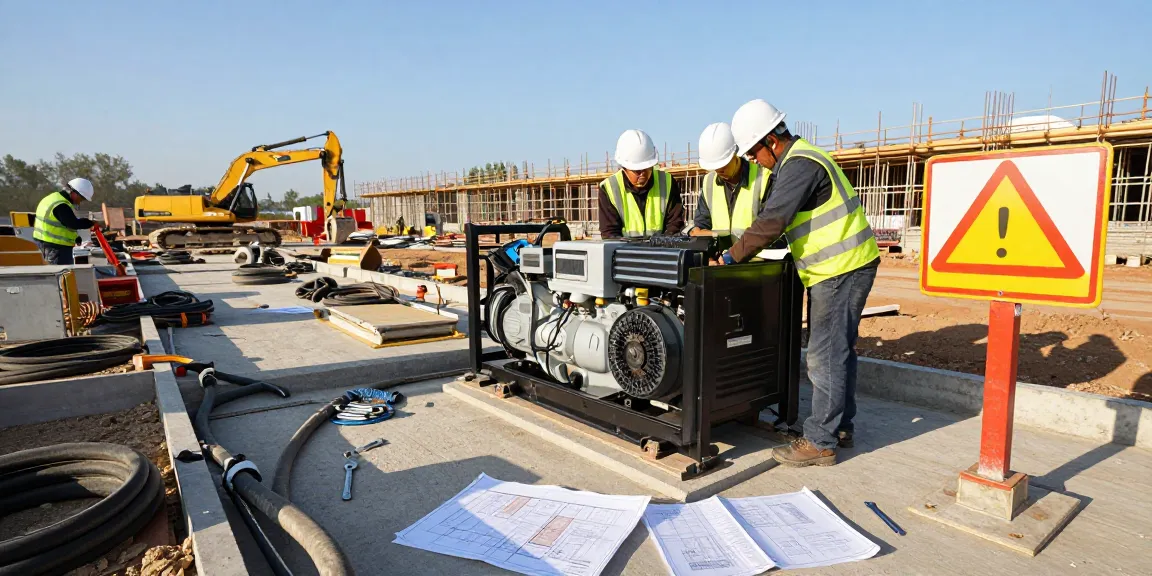 Diesel genset installation at construction site with technicians setting up equipment.