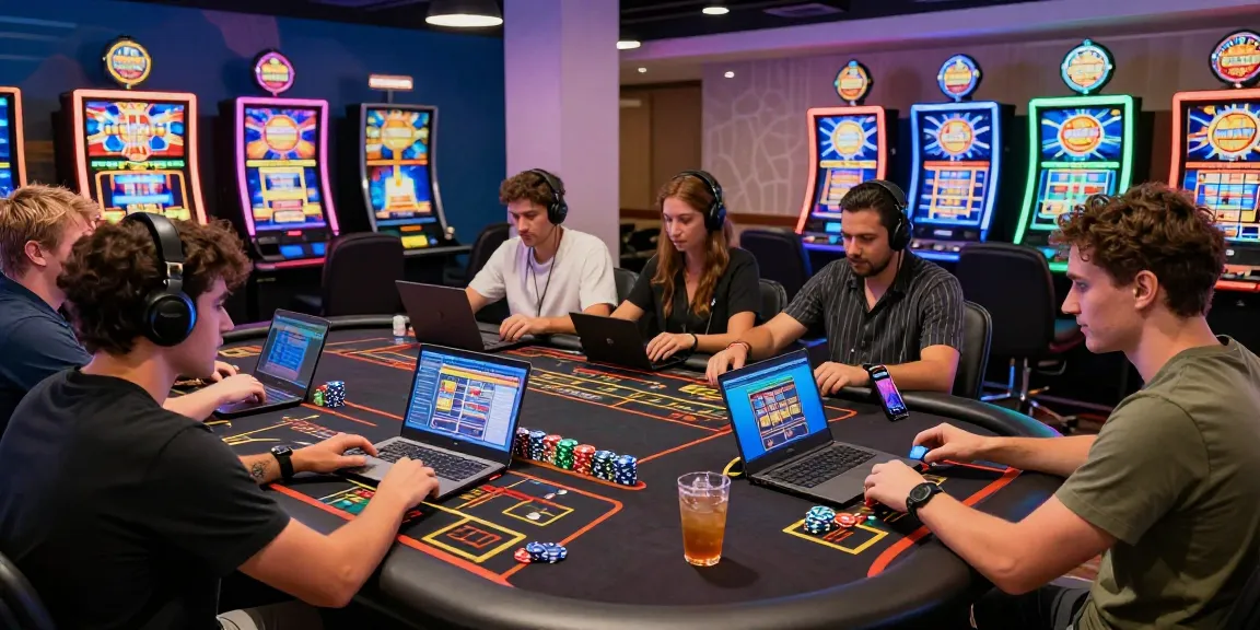 Spieler genießen ein Paysafe Card Casino-Erlebnis in einer lebhaften Online-Spielhalle.