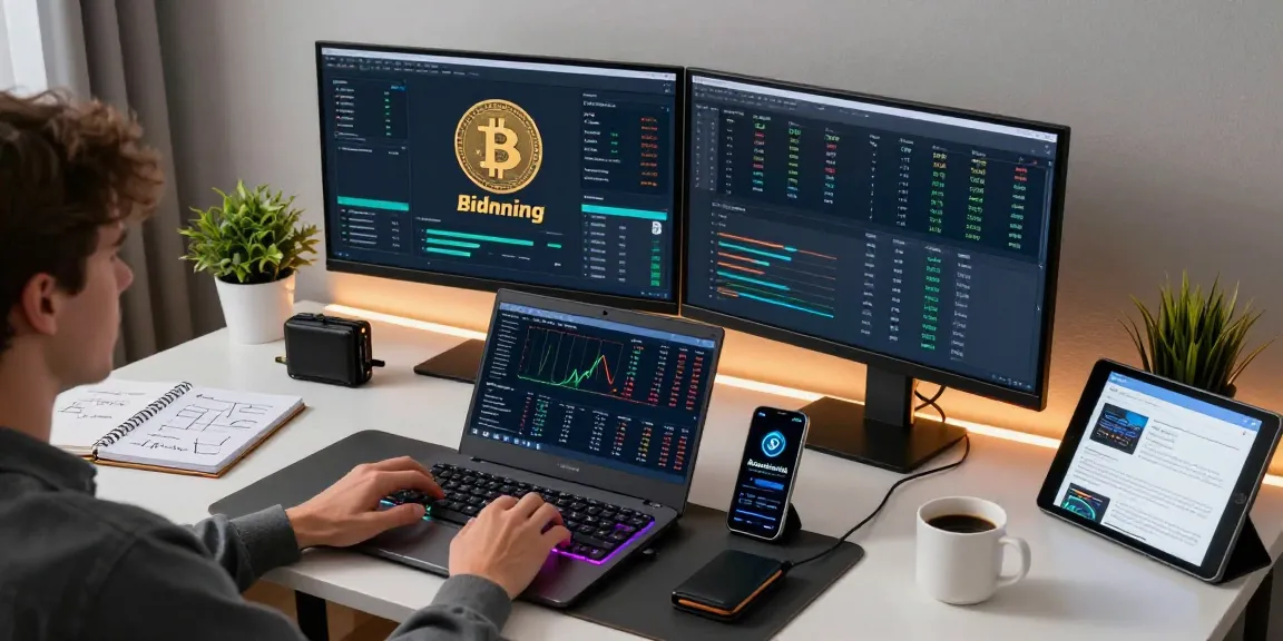 Bitcoin mining online setup in a sleek home office, showcasing dual monitors with mining statistics, crypto market updates, and a hardware wallet for secure transactions.