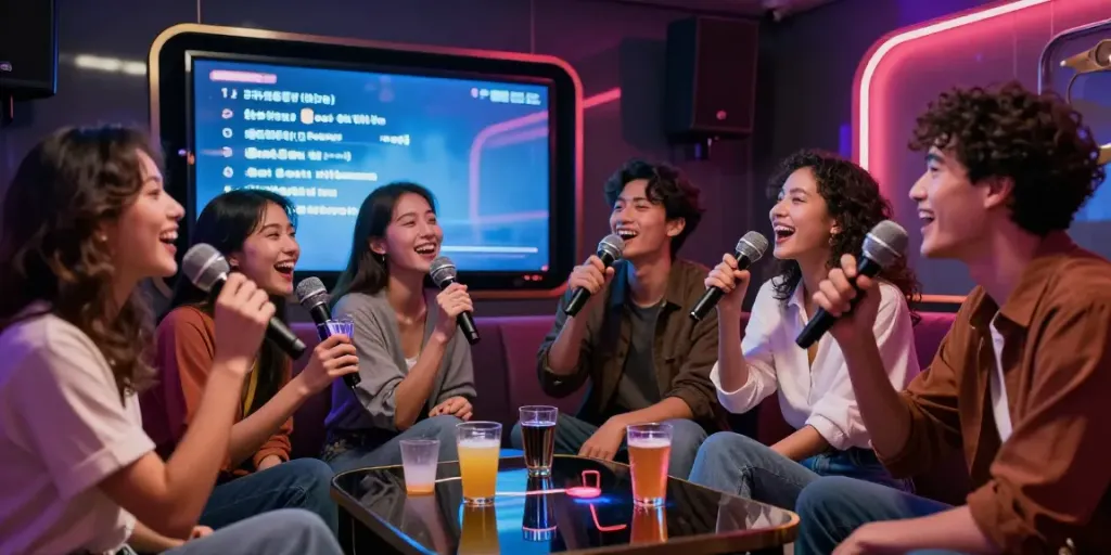 도파민 가라오케에서 친구들이 노래를 부르며 즐거운 시간을 보내는 모습