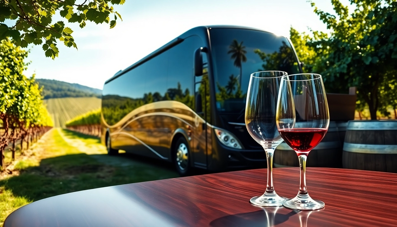 Enjoy a scenic limo bus wine tour amid vineyards with wine glasses and barrels.