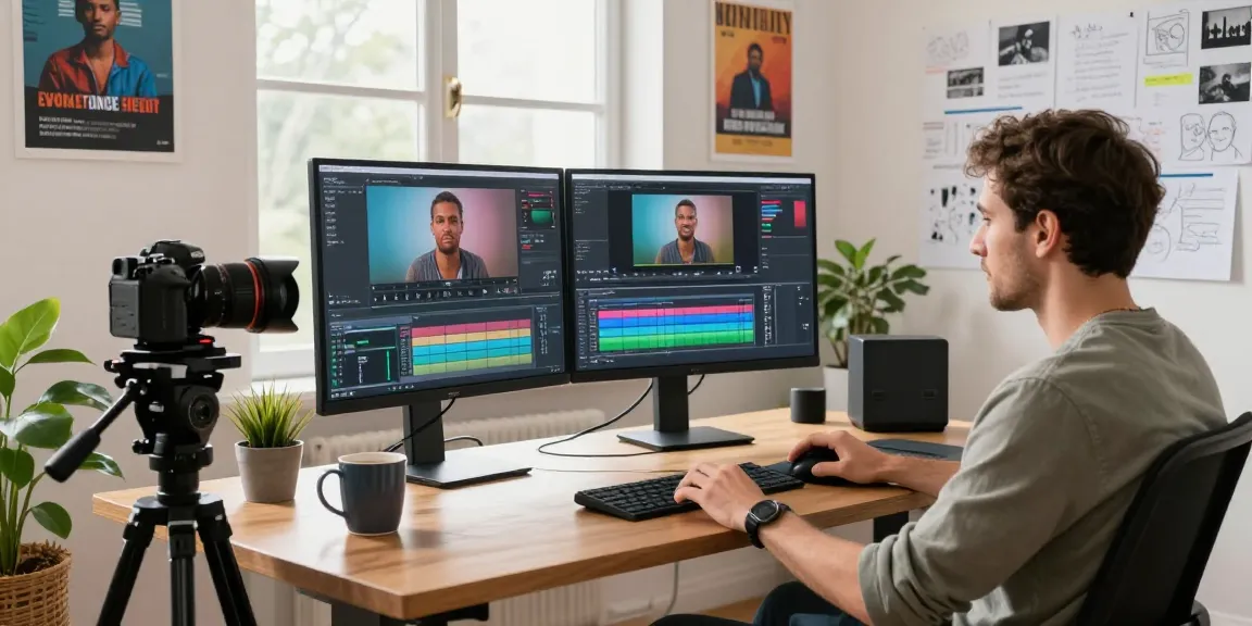 Experienced videographer editing footage in a vibrant workspace, showcasing online video production certification tools and atmosphere.