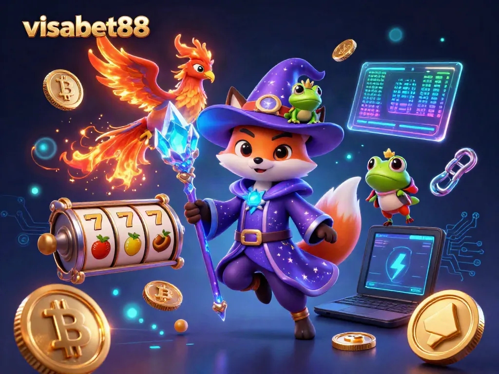Experience thrilling gameplay with visabet88, featuring a wizard fox and phoenix in a casino scene.
