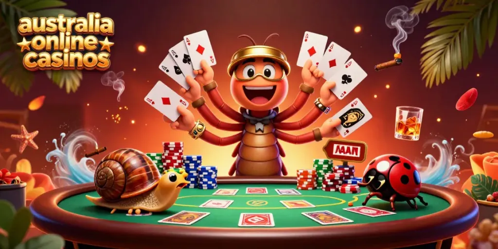 Experience engaging gameplay at australia online casinos with a colorful poker scene illustrated in stunning detail.