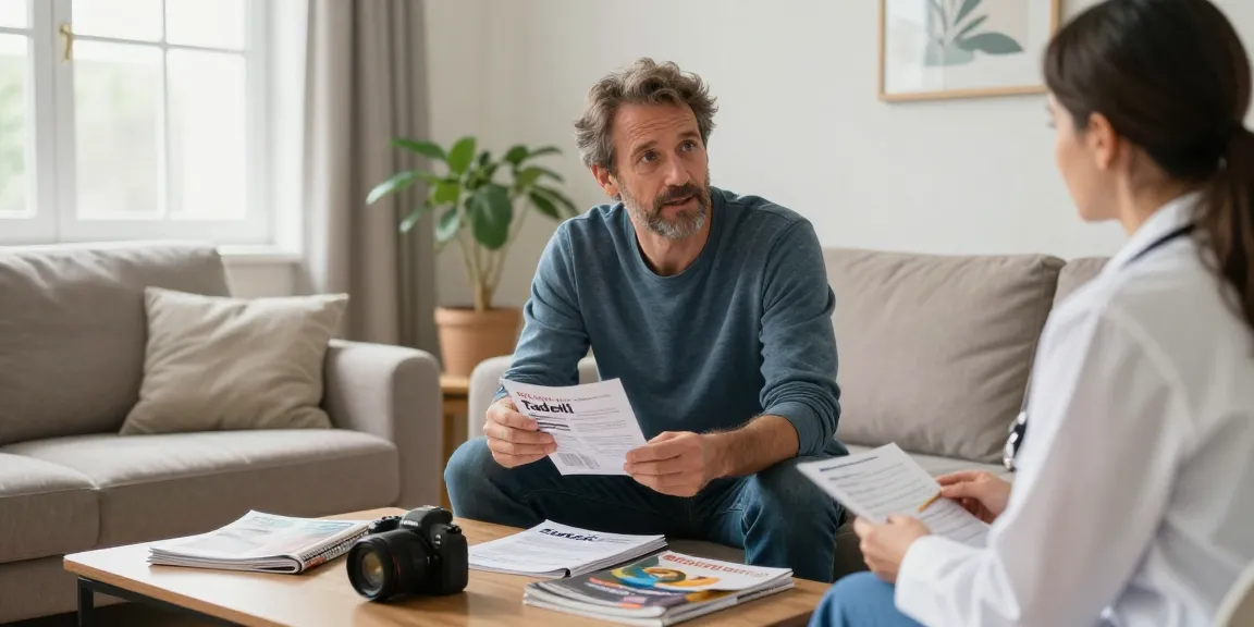 Tadalafil consultation in a cozy living room, focusing on erectile health discussion.
