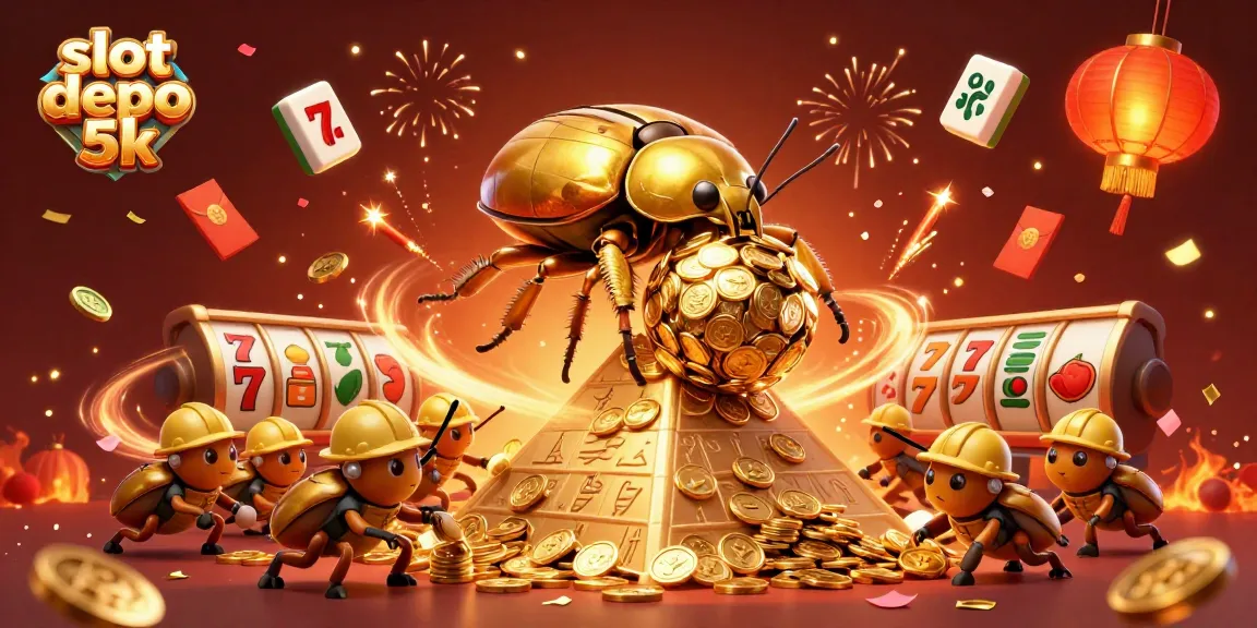 Experience thrilling action with slot depo 5k as golden beetles roll coins up the pyramid in a vibrant casino scene.