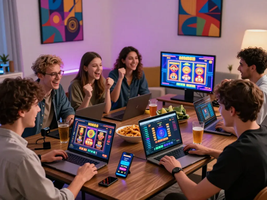 Friends celebrating while enjoying MM88 online betting games in a vibrant home setting.