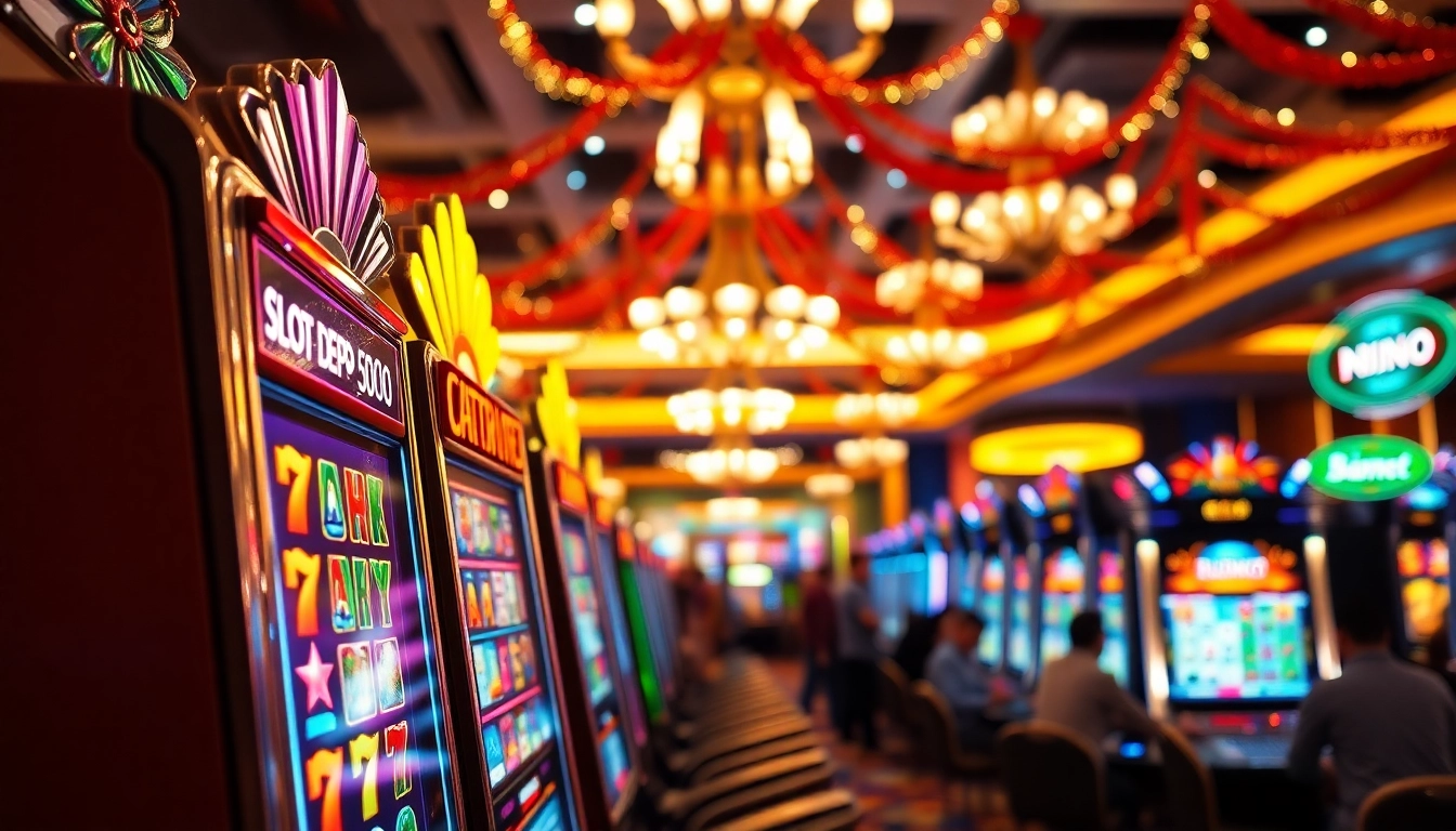 Mesin slot berwarna cerah dengan tema Slot Depo 5000 di kasino, menarik perhatian para pemain.