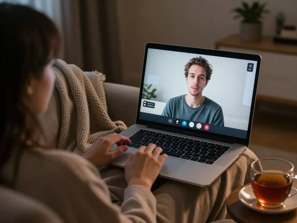 Engaging in a video chat with an AI companion, exploring the evolving concept of ai sex in a cozy home setting.