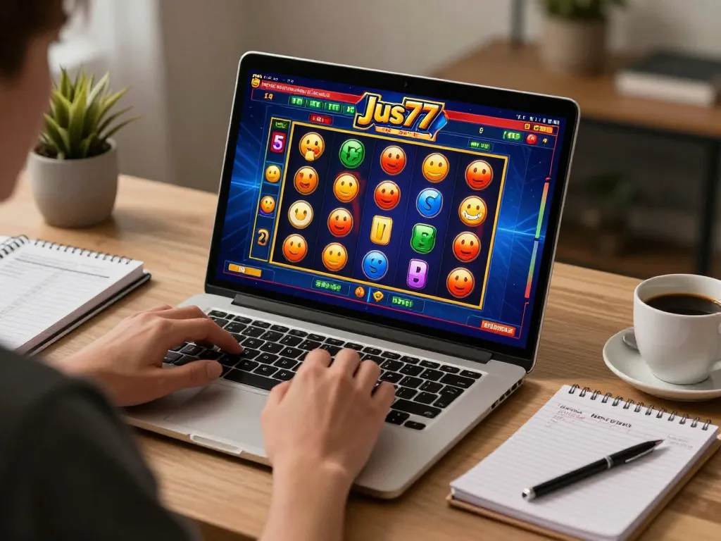 Engaging online slot gameplay at Jus77, highlighting vibrant visuals and responsible gaming setup.