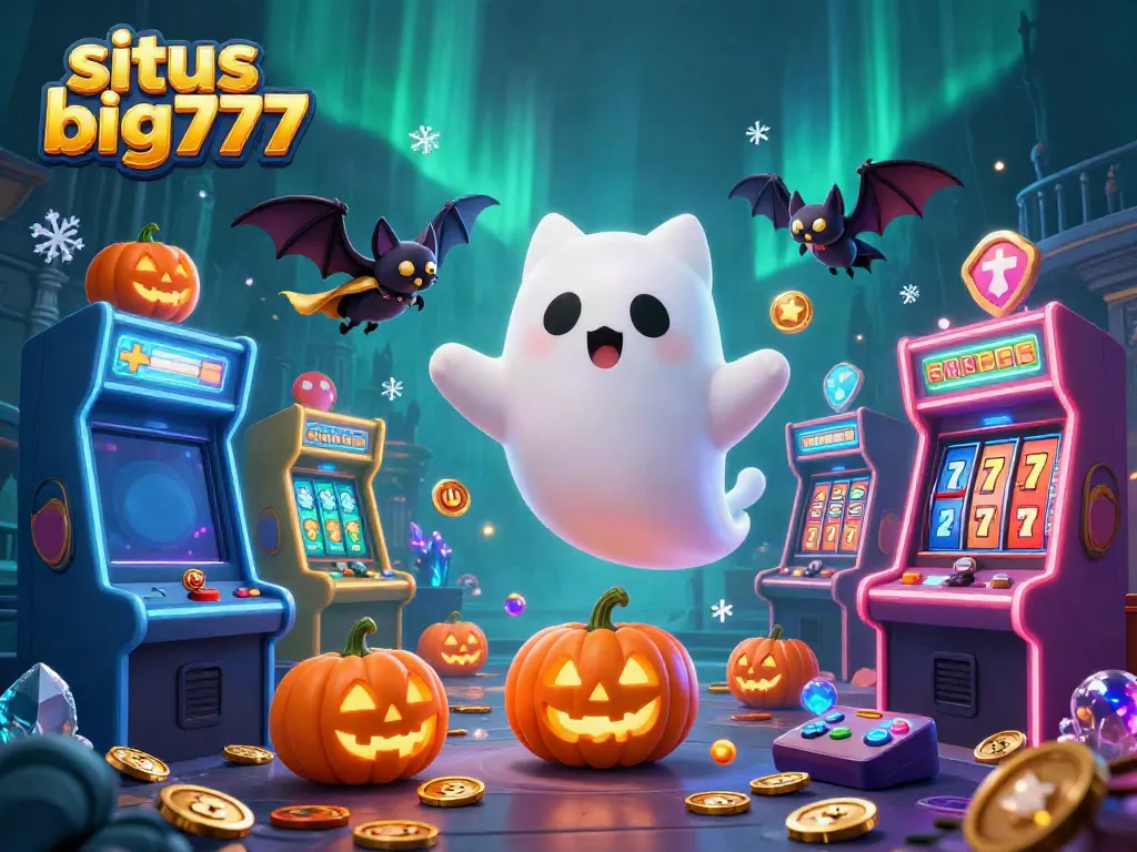 Experience the excitement of situs big777 with a ghost cat and vampire bat in a vibrant casino scene.