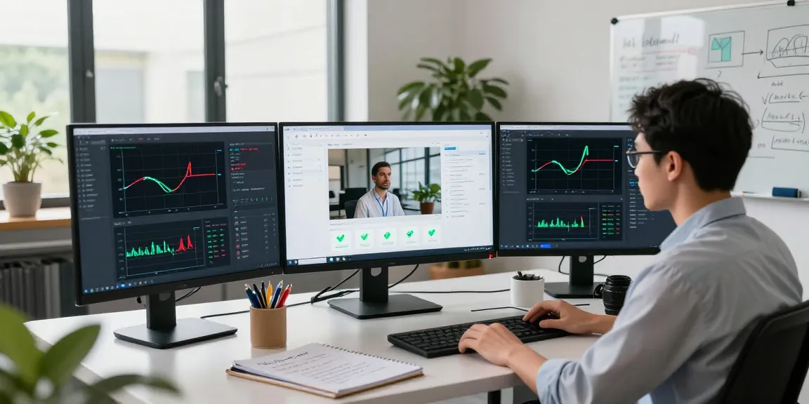AI image detector workspace with a data scientist analyzing images on multiple screens and engaging with AI outputs.