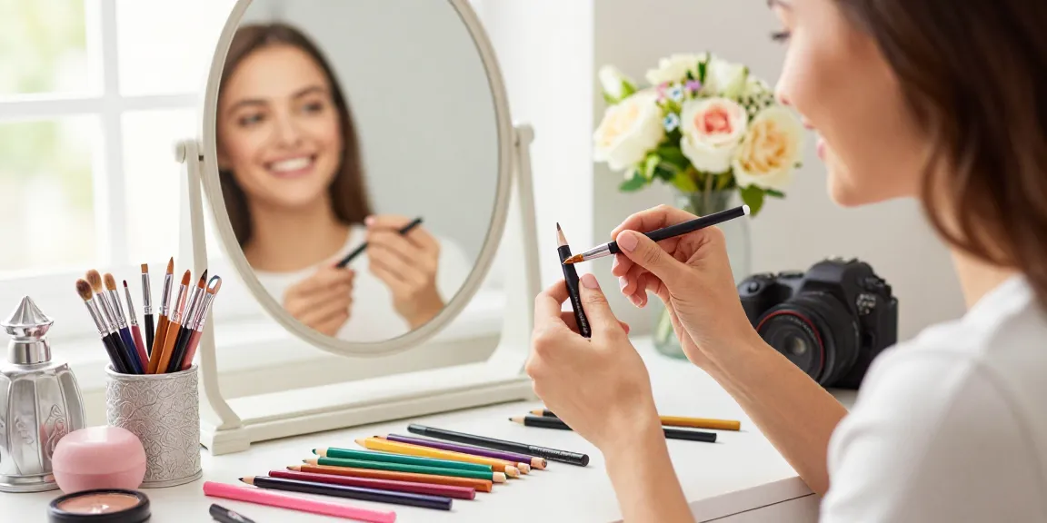 Makeup pencil sharpener in use with colorful beauty pencils at a chic vanity.