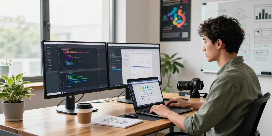 Focused software engineer using 截图软件 in a vibrant tech workspace, showcasing multiple screens and creative tools.