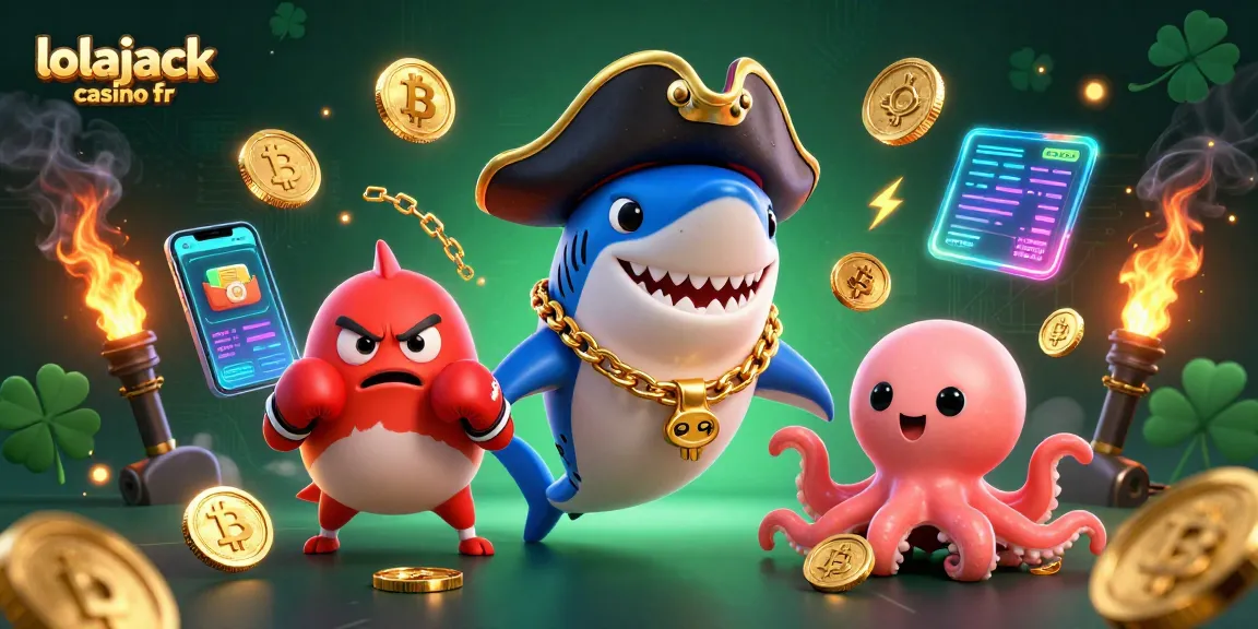 Feel the excitement at lolajack casino fr, featuring a vibrant 3D illustration of a playful pirate shark and friends surrounded by cryptocurrency elements.