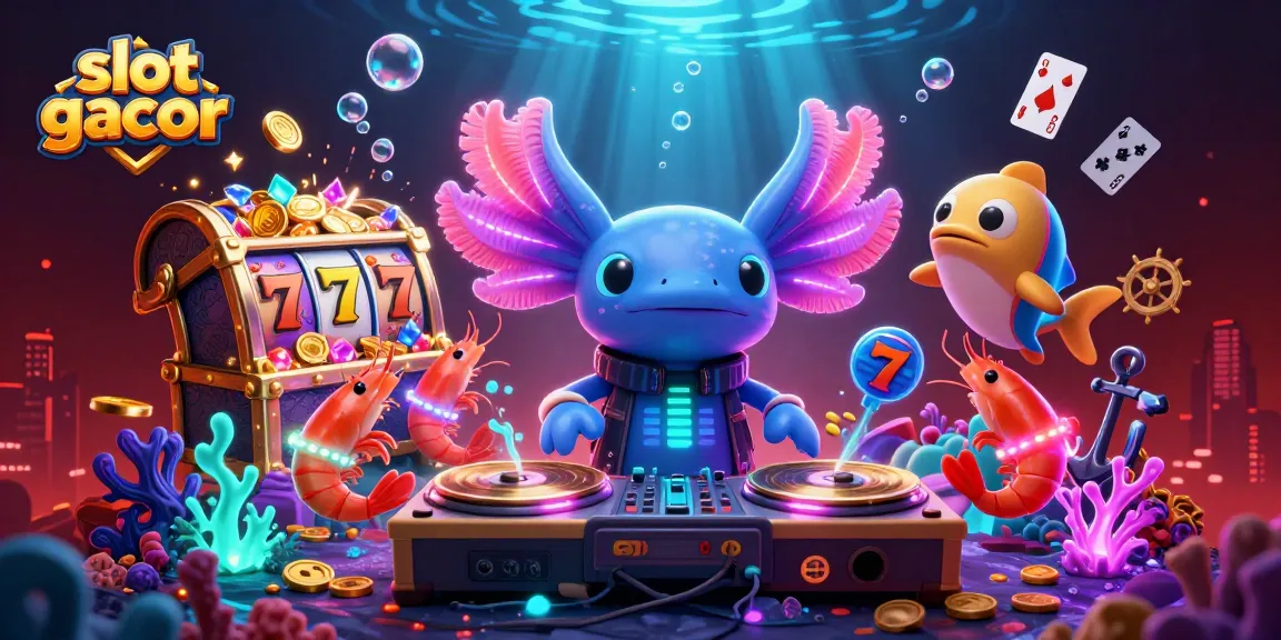 Engage with slot gacor in a vibrant casino scene featuring a neon DJ axolotl and dancing shrimp.
