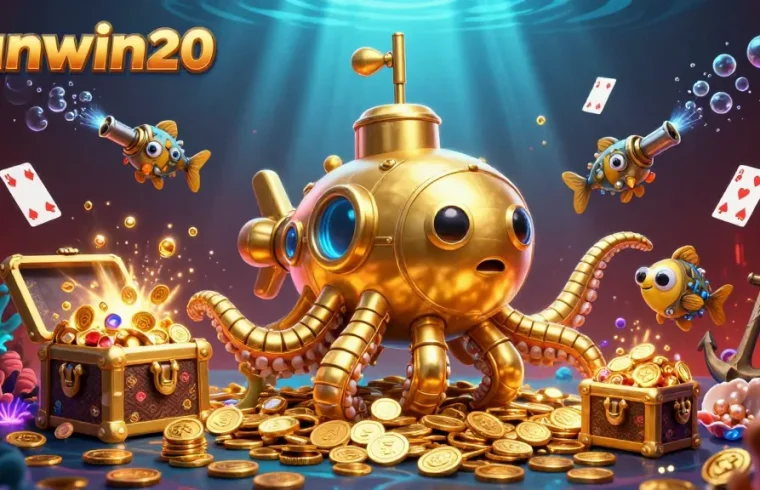 Experience thrilling underwater adventures with sunwin20, featuring a golden kraken amidst a treasure trove.