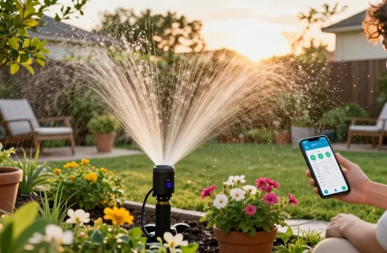 Efficient rainpoint sprinkler timer in action, watering blooming garden flowers and trees under warm sunset light.
