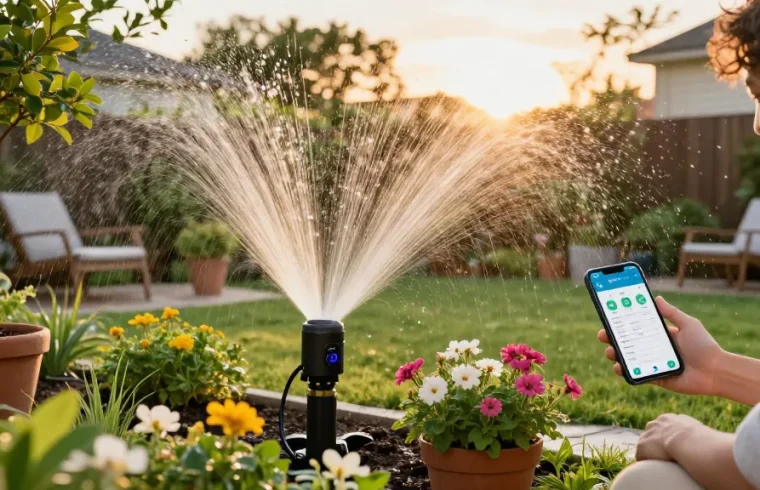 Efficient rainpoint sprinkler timer in action, watering blooming garden flowers and trees under warm sunset light.