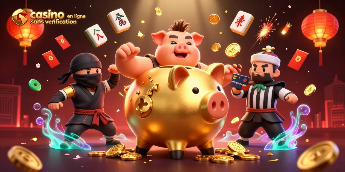 Découvrez un casino en ligne sans vérification avec un banc en or géant et des personnages fascinants.