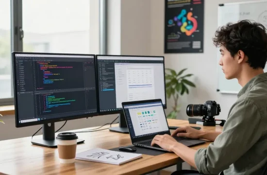 Focused software engineer using 截图软件 in a vibrant tech workspace, showcasing multiple screens and creative tools.