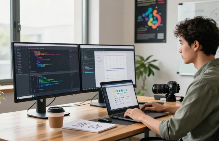 Focused software engineer using 截图软件 in a vibrant tech workspace, showcasing multiple screens and creative tools.