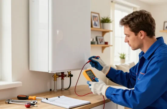 Bedford heating engineer testing a boiler with tools in a warm home environment.