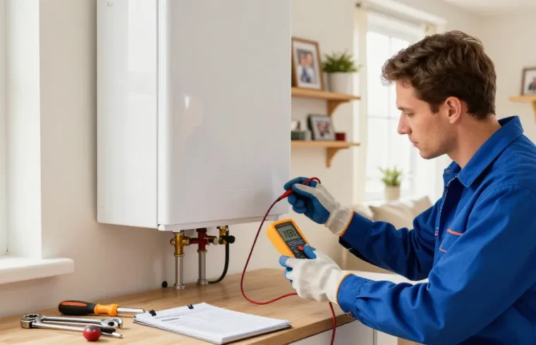Bedford heating engineer testing a boiler with tools in a warm home environment.