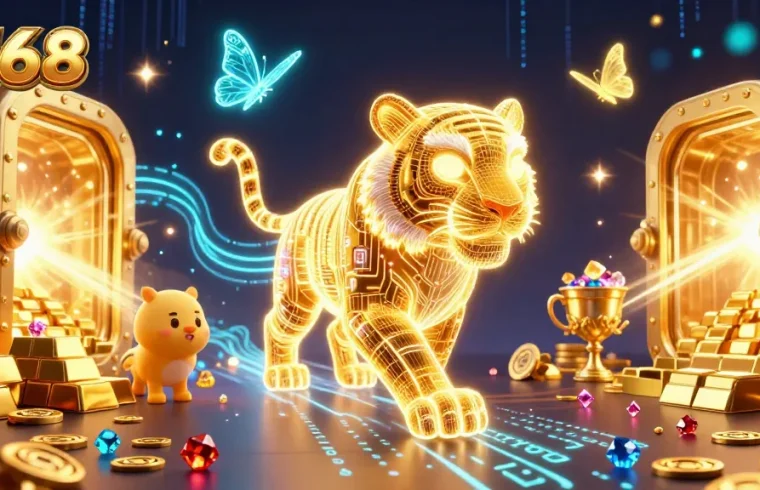 Experience the thrill of F168 as the golden tiger prowls a digital casino landscape filled with treasures.