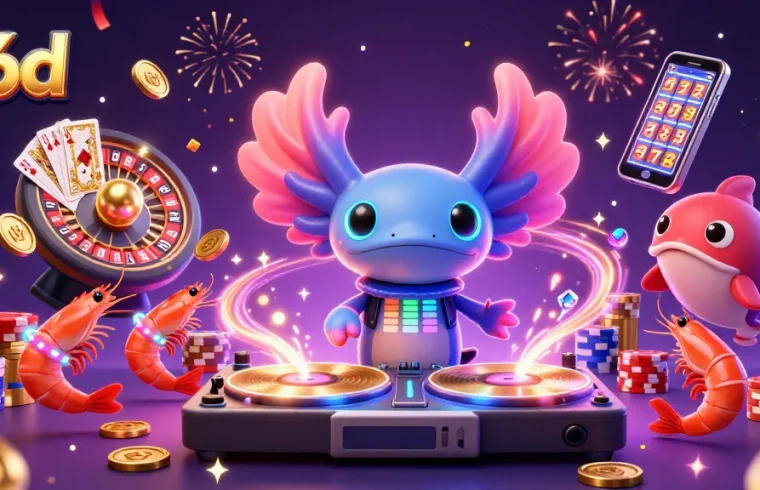 Win big at 56d with vibrant casino entertainment featuring an axolotl DJ and festive gaming elements.