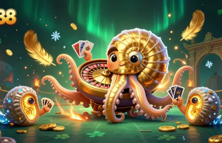 Engage with sc88 through this vibrant 3D casino illustration featuring a giant nautilus and luminous ammonite companions.