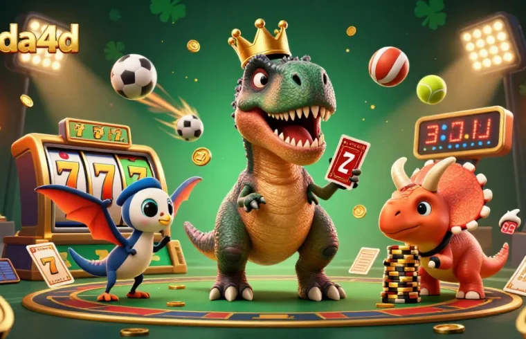 janda4d mempersembahkan ilustrasi kasino interaktif dengan T-Rex yang berniat mengocok kartu dan triceratops menumpuk chip emas.