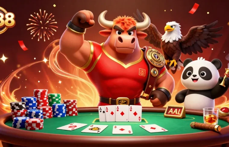 Celebrate big wins with sc88, showcasing a vibrant 3D casino scene featuring a bull mascot and poker elements.