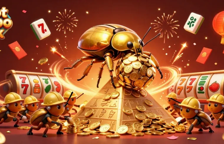 Experience thrilling action with slot depo 5k as golden beetles roll coins up the pyramid in a vibrant casino scene.